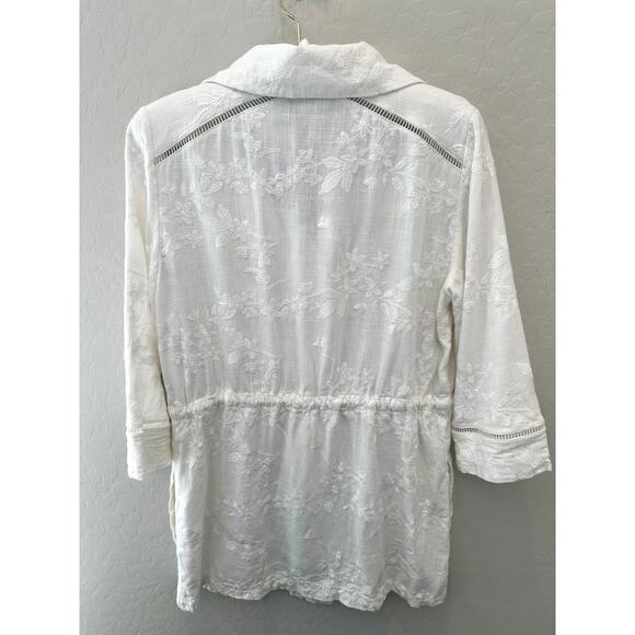 CHICO’S | White Embroidered Button Jacket Top Drawstring Waist | Size 0 Small - Picture 5 of 7